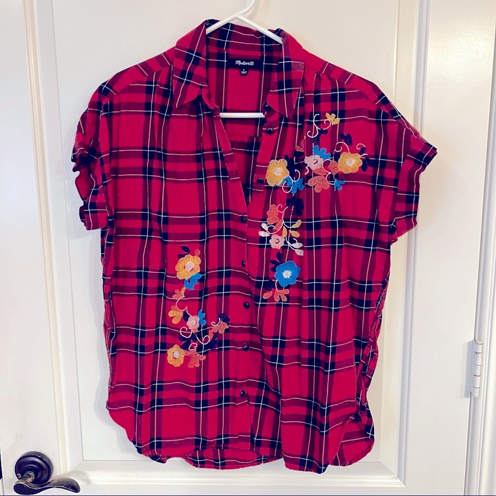 Madewell Buttondown Red Plaid Floral Shirt - Small
